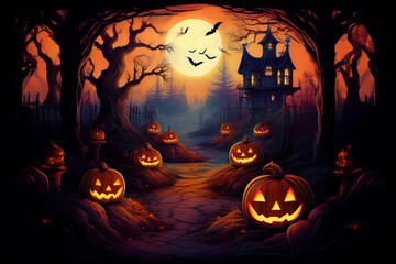 halloween background with pumpkins and mystic forest