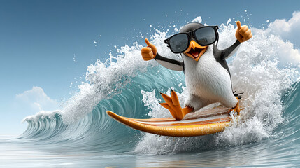 Cool penguin surfing ocean waves, funny cartoon animal with sunglasses and thumbs up for fun adventure in sea water during beach vacation