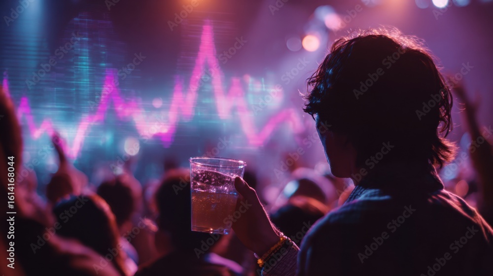 Poster clear medium shot of a concertgoer holding a drink with sharp details against a backdrop of overhead