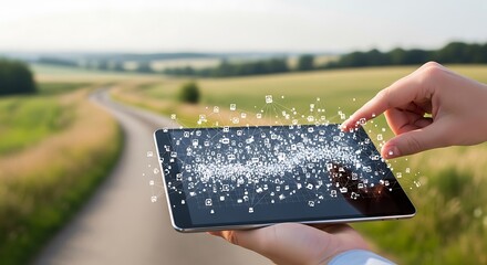 Tablet Interface with Social Media Icons Overlayed on Rural Landscape