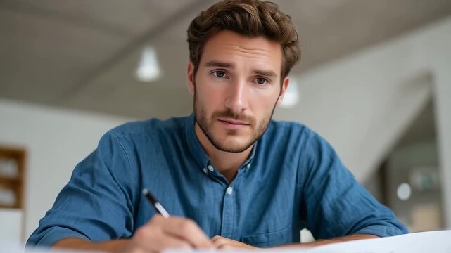 Focused young man writing in contemporary workspace illustrates creative thought process