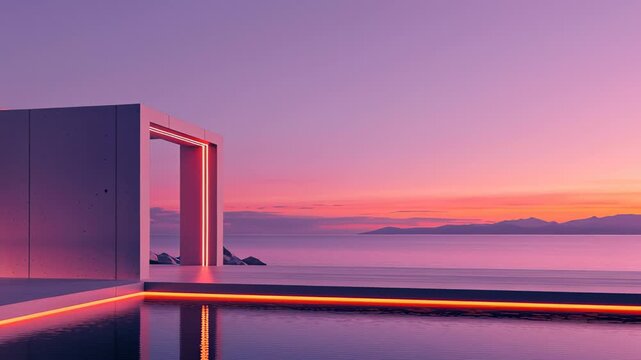 Modern outdoor stage design with minimalist aesthetics at sunset