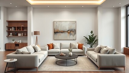 Modern living room with neutral sofa and abstract art, featuring clean lines and natural textures in soft light.