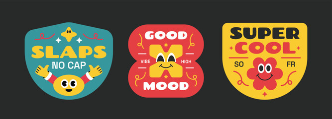 Trendy and groovy badges, stickers, patchs. Cartoon character with quote related to gen z and millenials in y2k style.
