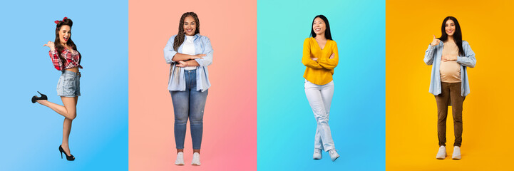 A diverse group of women stands confidently against bright, colorful backgrounds, representing unity
