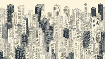 A city skyline sketch,  featuring many buildings in various shades of gray and black, creating a dense urban scene.  Different building heights and shapes add depth