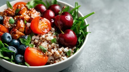 A vibrant salad bowl featuring tender chicken bites, fresh spinach, quinoa, and a mix of colorful fruits, embodying a healthy and appetizing meal choice.