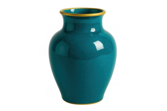 Studio shot of a teal vase with gold trim, isolated on a transparent background, perfect for design projects