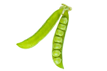 Open green pea pod with individual peas scattered around, isolated on white, transparent background. Image ideal for food designs, healthy lifestyle, and organic products legume, crop, food ingredient