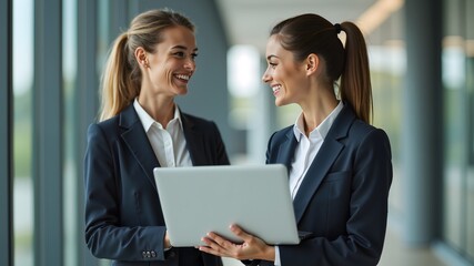 Obraz premium Business woman holding a laptop and standing with her colleague 