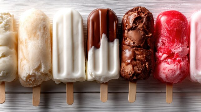 An array of vibrant ice cream popsicles showcases delightful flavors, beautifully arranged on a light wooden background, perfect for a refreshing treat on a warm day or summer celebration. - Powered by Adobe