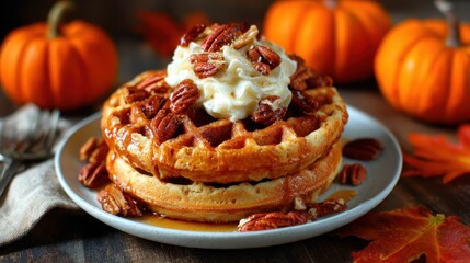 Delightful pumpkin waffles are topped with whipped cream and pecans, capturing the essence of fall flavors and comfort food, perfect for enjoying a cozy breakfast treat.