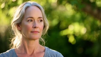 Serene senior woman in nature with sunlit background ? peaceful reflection and contemplation - Powered by Adobe