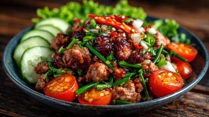 An enticing plate of spicy fried meat adorned with fresh vegetables and vibrant garnishes, promising a burst of flavor and appealing to lovers of bold cuisines and exotic tastes.