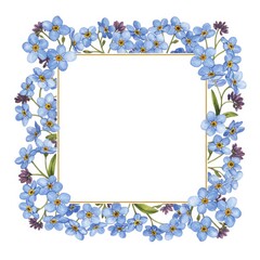 Obraz premium Floral frame with blue forget-me-nots and watercolor design for invitations
