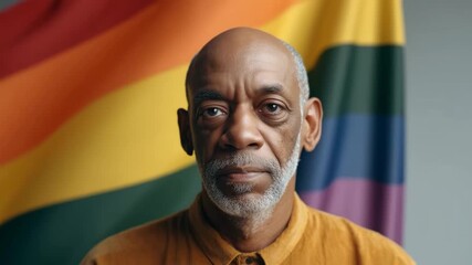 Thoughtful expression of elderly man against vibrant pride flag background