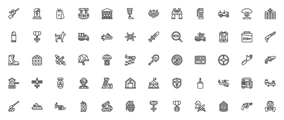 Military icon set. Tactical vector symbols pack. Includes gun, grenade, drone, helmet, medal, badge, truck, submarine, bomb, shield and more. Editable stroke design.