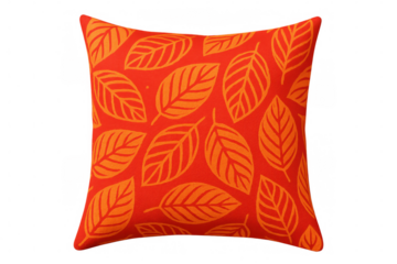 Minimalist orange square pillow with leafy pattern, floating against transparent backdrop, enhancing modern home decor styling