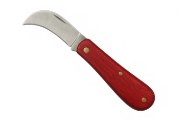 Curved gardening knife with red wooden handle isolated on transparent background, ideal for cutting and pruning tasks