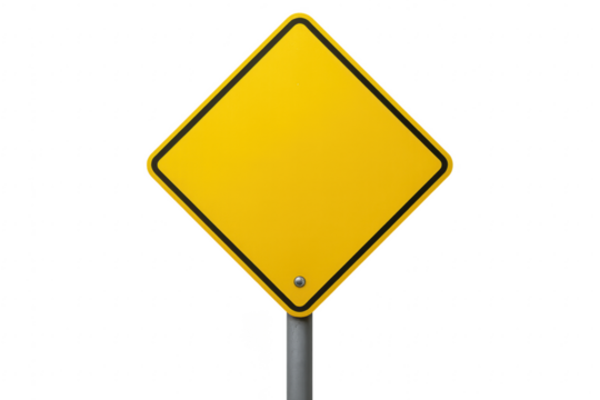 Blank yellow road sign with transparent background indicating caution or warning