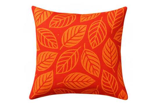 Minimalist orange square pillow with leafy pattern, floating against transparent backdrop, enhancing modern home decor styling
