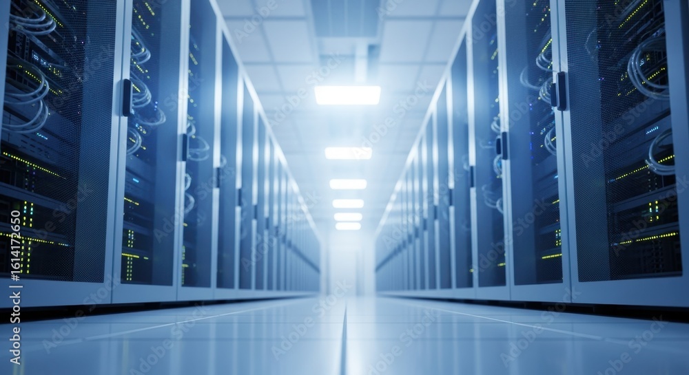 Poster wide shot of expansive data center corridor lined with advanced server hardware.