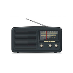 Vintage black radio with silver antenna and dial, retro audio technology