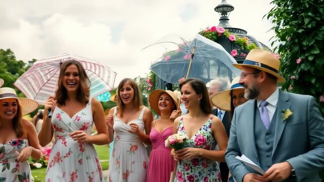 A joyful wedding party celebrates outdoors holding colorful parasols Friends and family gather near a flower covered gazebo in a lush green garden location