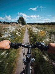 First-person view of biking on trail through field of wildflowers under bright blue sky