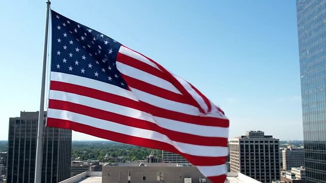 US flag flying against blue sky cityscape backdrop