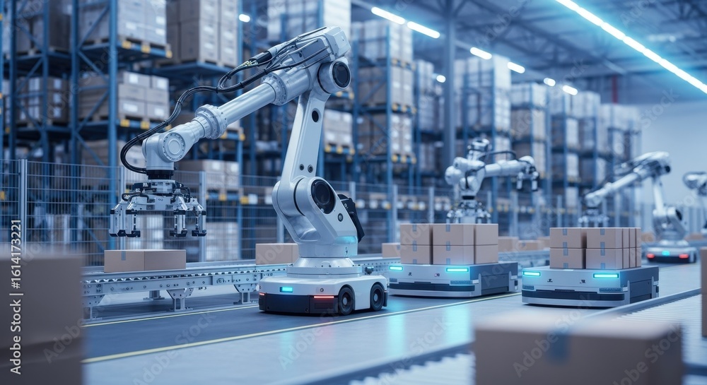 Poster fully automated logistics operation showcasing seamless coordination of robots and machinery