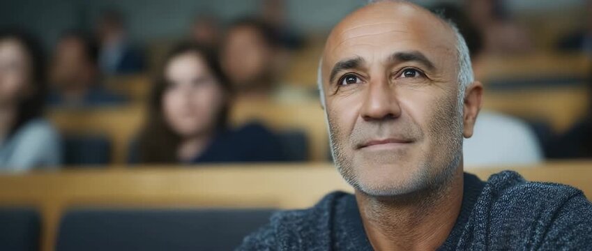 Engaged audience member attentively listens in a lecture hall setting