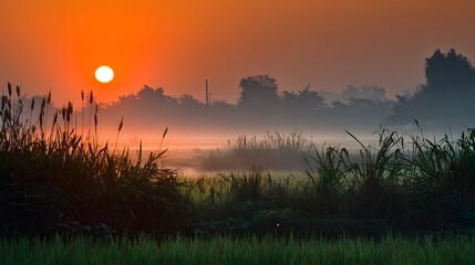 Obraz premium Sunrise over a misty field.