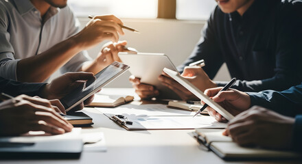 A team of professionals collaborates around a table, reviewing documents and engaging in focused discussion.