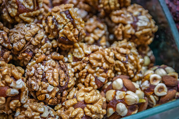 Turkish nut based sweets for sale at the Egyptian Bazaar, Istanbul, Turkey