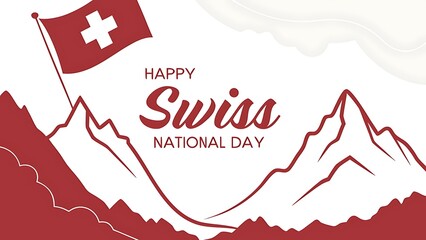 Happy swiss national day with swiss flag and mountains isolated on white background