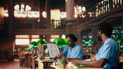 Black med school students team reading anatomy textbooks and class notes at the library, study group learning session. People focusing on exam preparation for a medical career. Camera A.