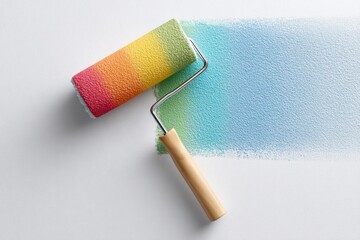 Rainbow paint roller finishing vibrant strokes on a white wall in a bright, modern space