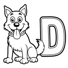 Friendly dog sitting next to a large letter d wagging its tail