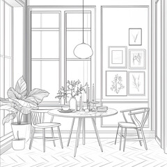 bright Scandinavian living room designed as a coloring page illustration The room features plenty of natural light In the center there is a dining table with a marb