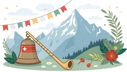 Traditional swiss alphorn and cowbell in alpine landscape isolated on white background