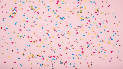 Pastel pink background with floating confetti, evoking a festive and joyful celebration atmosphere.