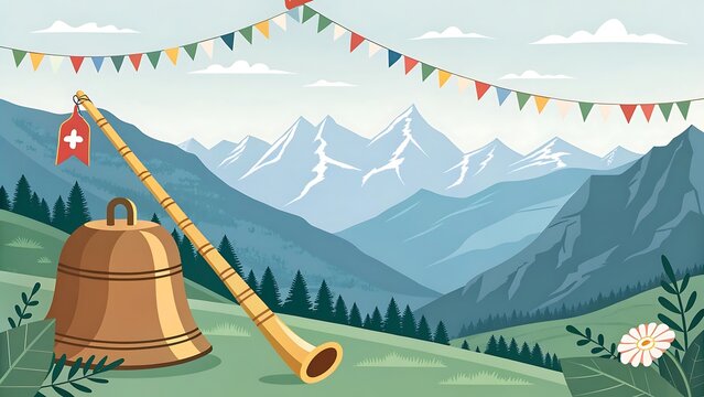 Alpine alphorn and cowbell with swiss flag in mountains isolated on white background
