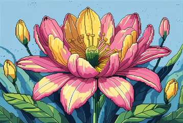 Pink and Yellow Lotus Pixel Art Illustration