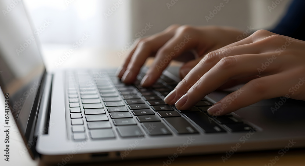 Aufkleber close-up view of hands typing on a laptop keyboard, working on a task.