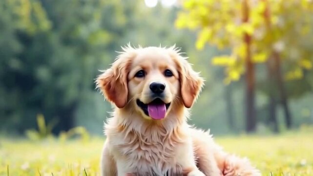 Golden retriever puppy playfully relaxing in sunny meadow, panting with joy, making eye contact in a heartwarming video moment