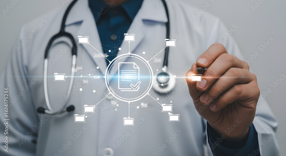 Poster a doctor in a white coat interacts with a digital interface displaying medical records and data.