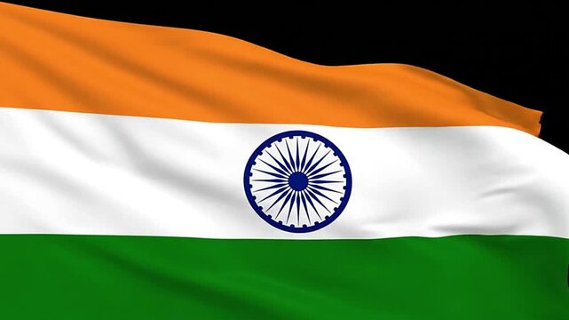 Waving Indian flag featuring horizontal saffron white and green stripes with a blue chakra at the center
