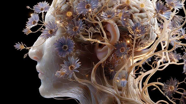 Hyper-realistic surreal human head, the brain transformed into glowing flowers and vines, synapses branching like tree roots, botanical neural garden, cinematic lighting, fine detail, 