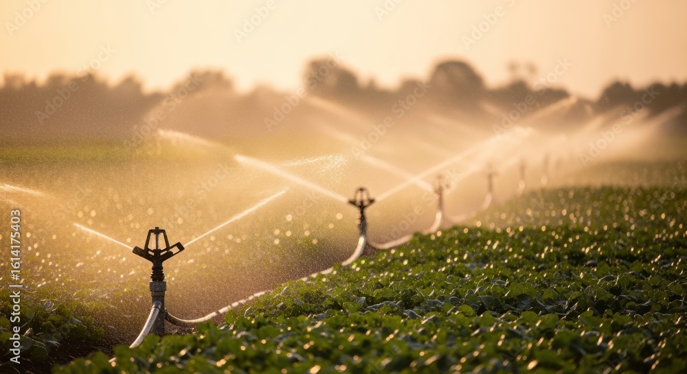 Poster smart irrigation system with automated water sprinklers optimizing soil moisture.